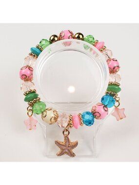 Colorful Beaded Starfish Charm Bracelet With Pink Blue Green & Gold Tone Accents